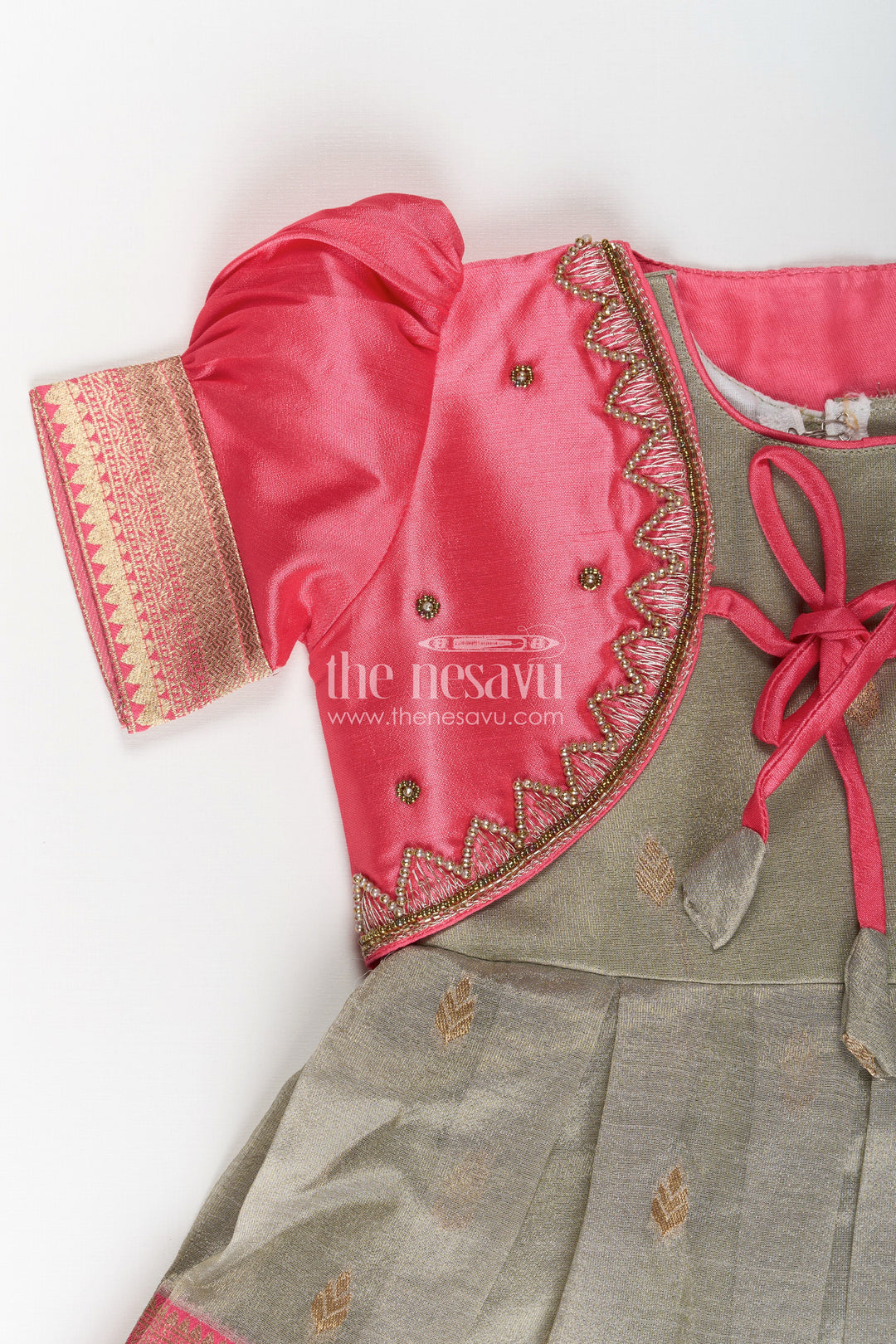 Girls Cute Newborn Dresses in Silk with Designer Pink Jacket and Green Pleated Zari Skirt