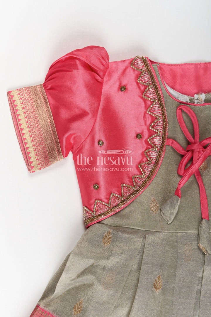 Girls Cute Newborn Dresses in Silk with Designer Pink Jacket and Green Pleated Zari Skirt