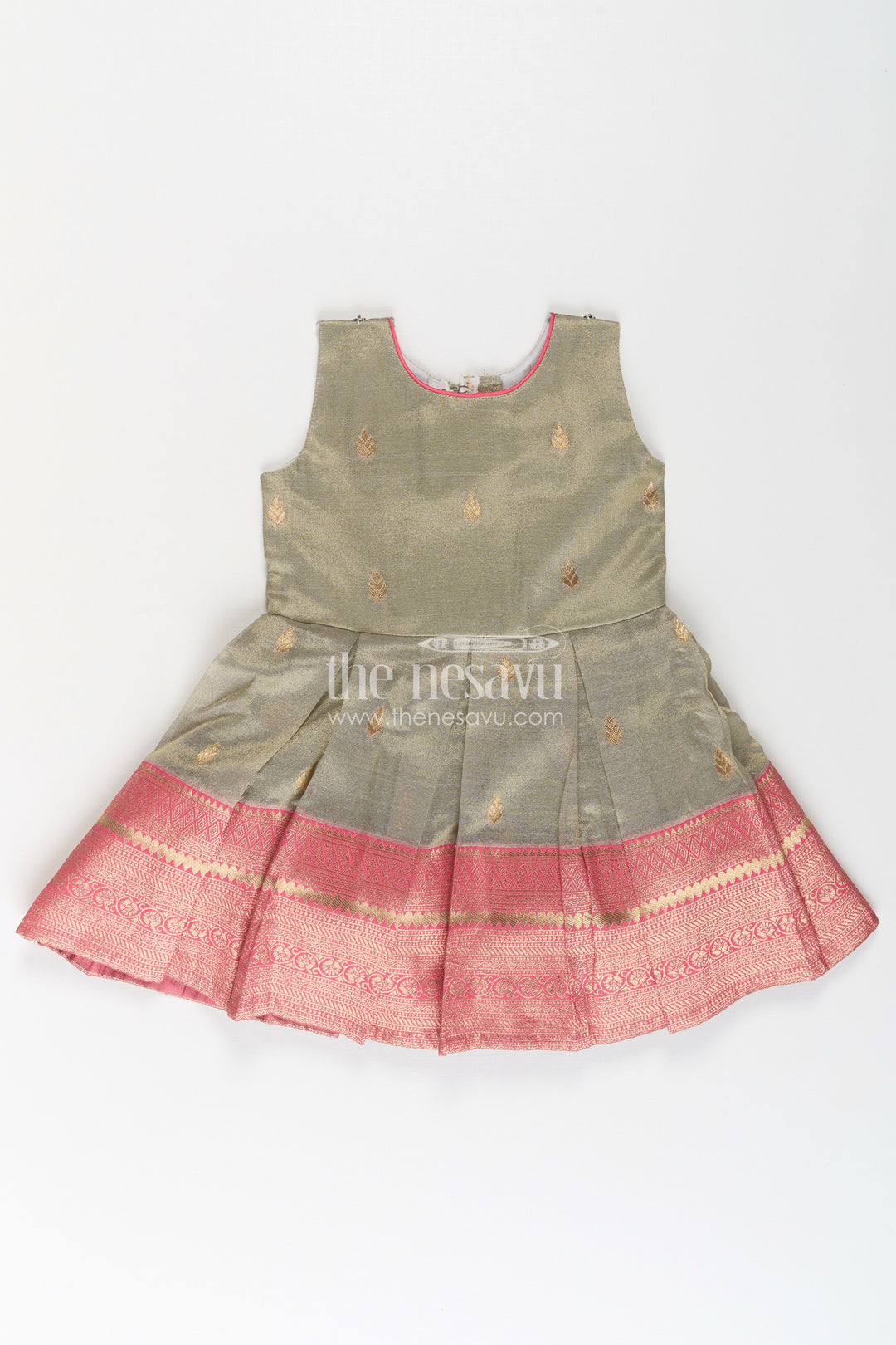 Girls Cute Newborn Dresses in Silk with Designer Pink Jacket and Green Pleated Zari Skirt