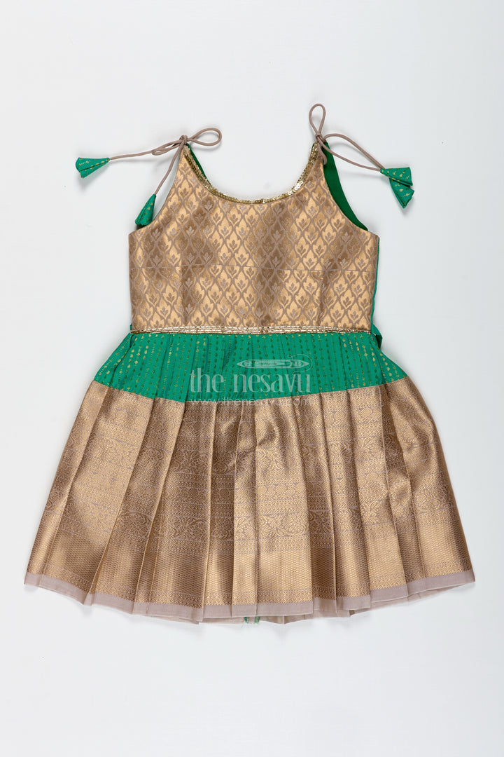 Gold And Green Frock For Baby Girls Semi Silk Ethnic Dress With Brocade Detailing