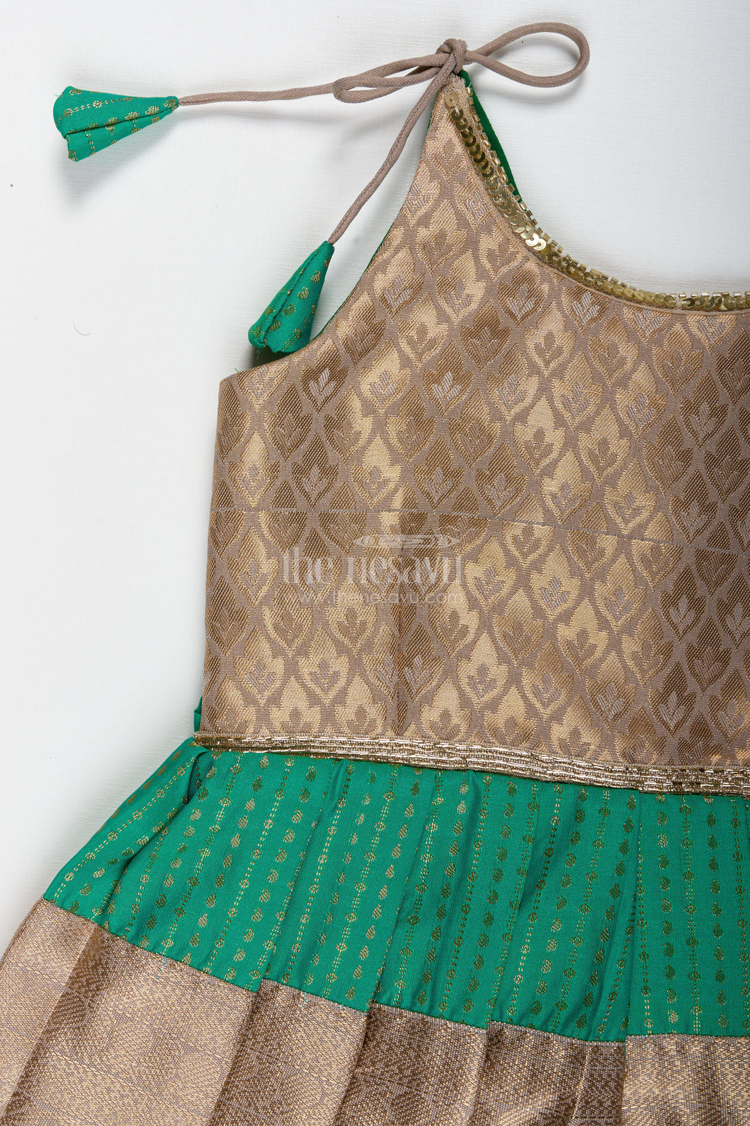 Gold And Green Frock For Baby Girls Semi Silk Ethnic Dress With Brocade Detailing