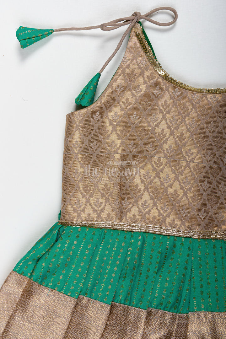 Gold And Green Frock For Baby Girls Semi Silk Ethnic Dress With Brocade Detailing