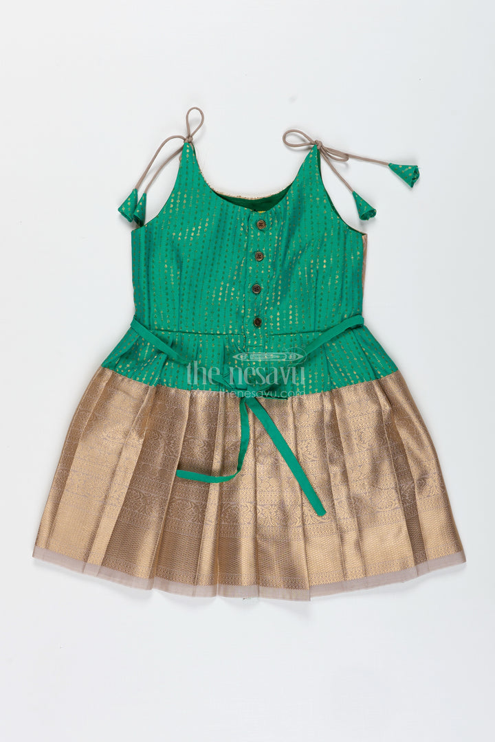 Gold And Green Frock For Baby Girls Semi Silk Ethnic Dress With Brocade Detailing