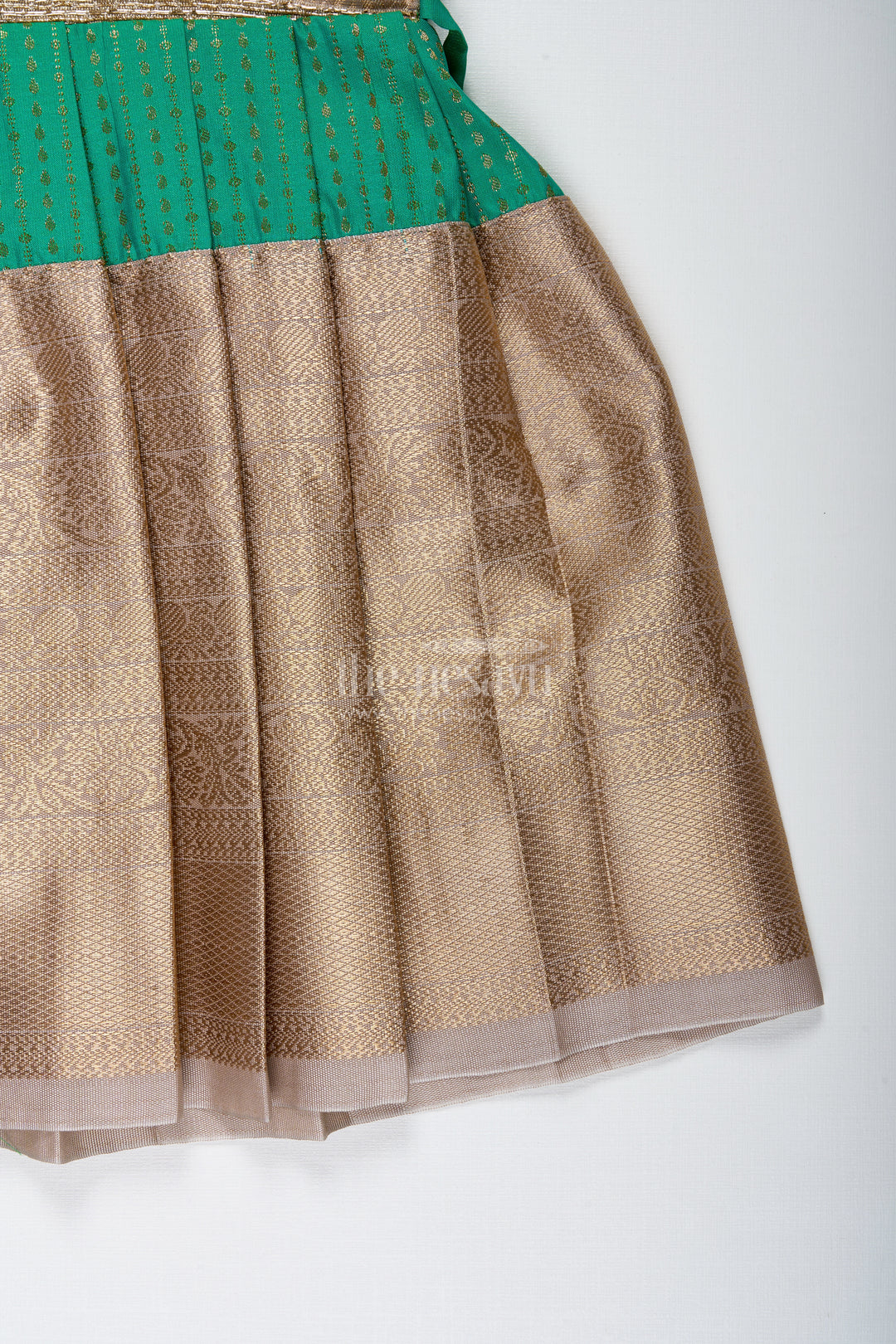 Gold And Green Frock For Baby Girls Semi Silk Ethnic Dress With Brocade Detailing