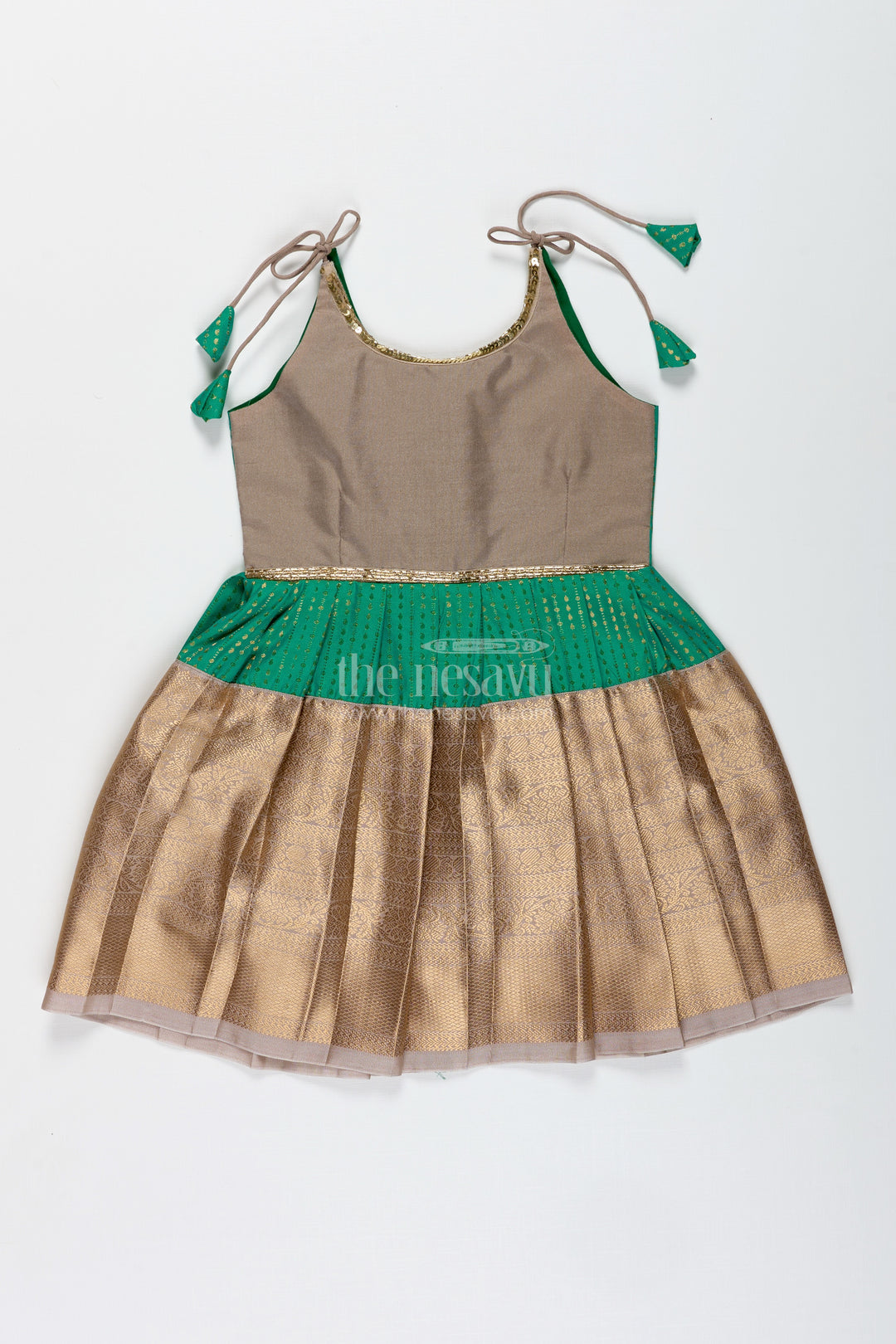 Gold And Green Frock For Baby Girls Semi Silk Ethnic Dress With Brocade Detailing