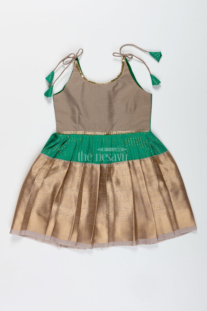 Gold And Green Frock For Baby Girls Semi Silk Ethnic Dress With Brocade Detailing