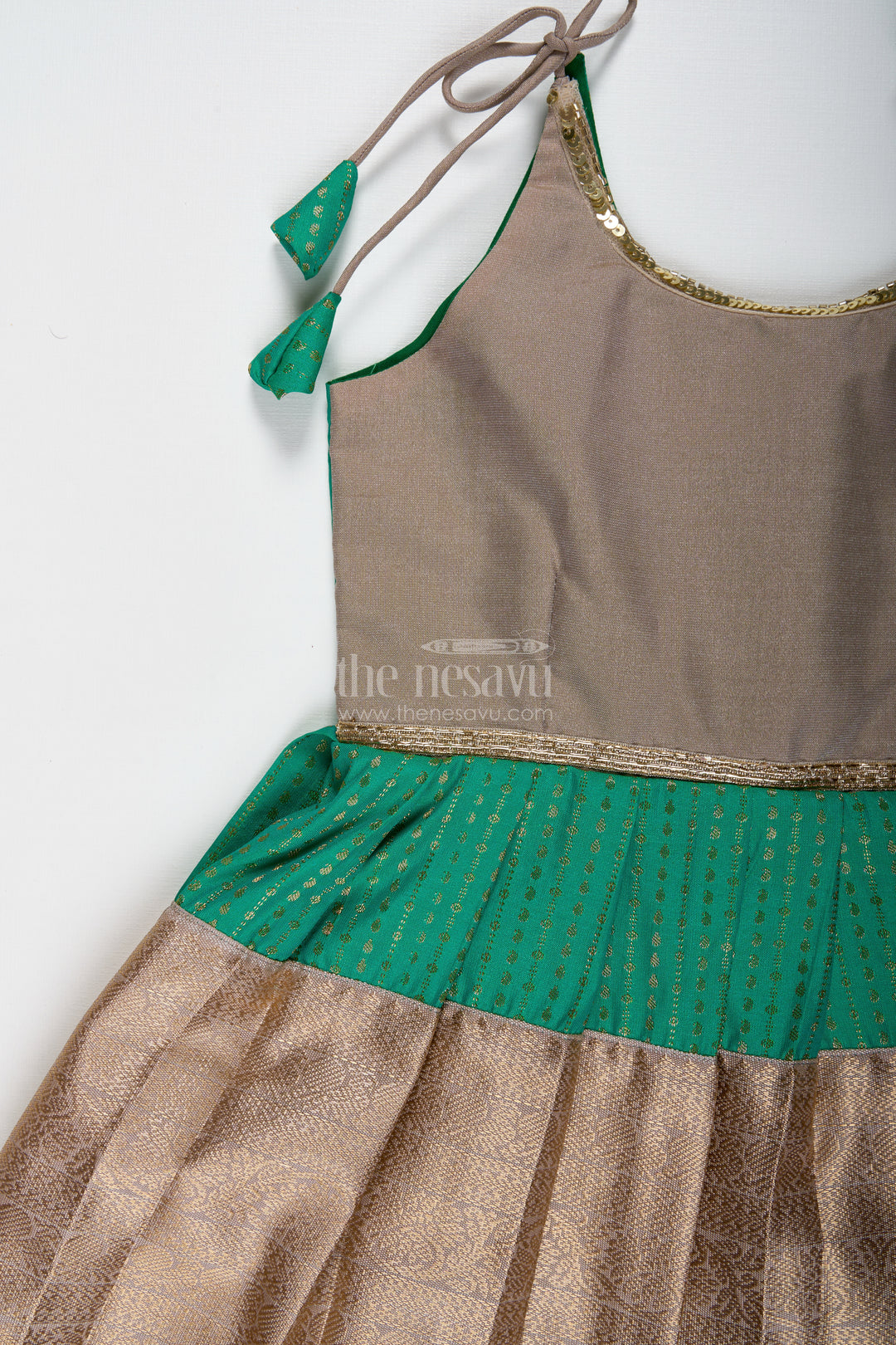 Gold And Green Frock For Baby Girls Semi Silk Ethnic Dress With Brocade Detailing