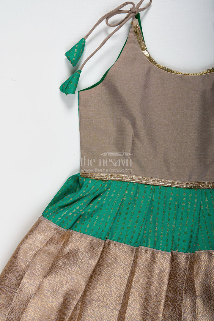 Gold And Green Frock For Baby Girls Semi Silk Ethnic Dress With Brocade Detailing