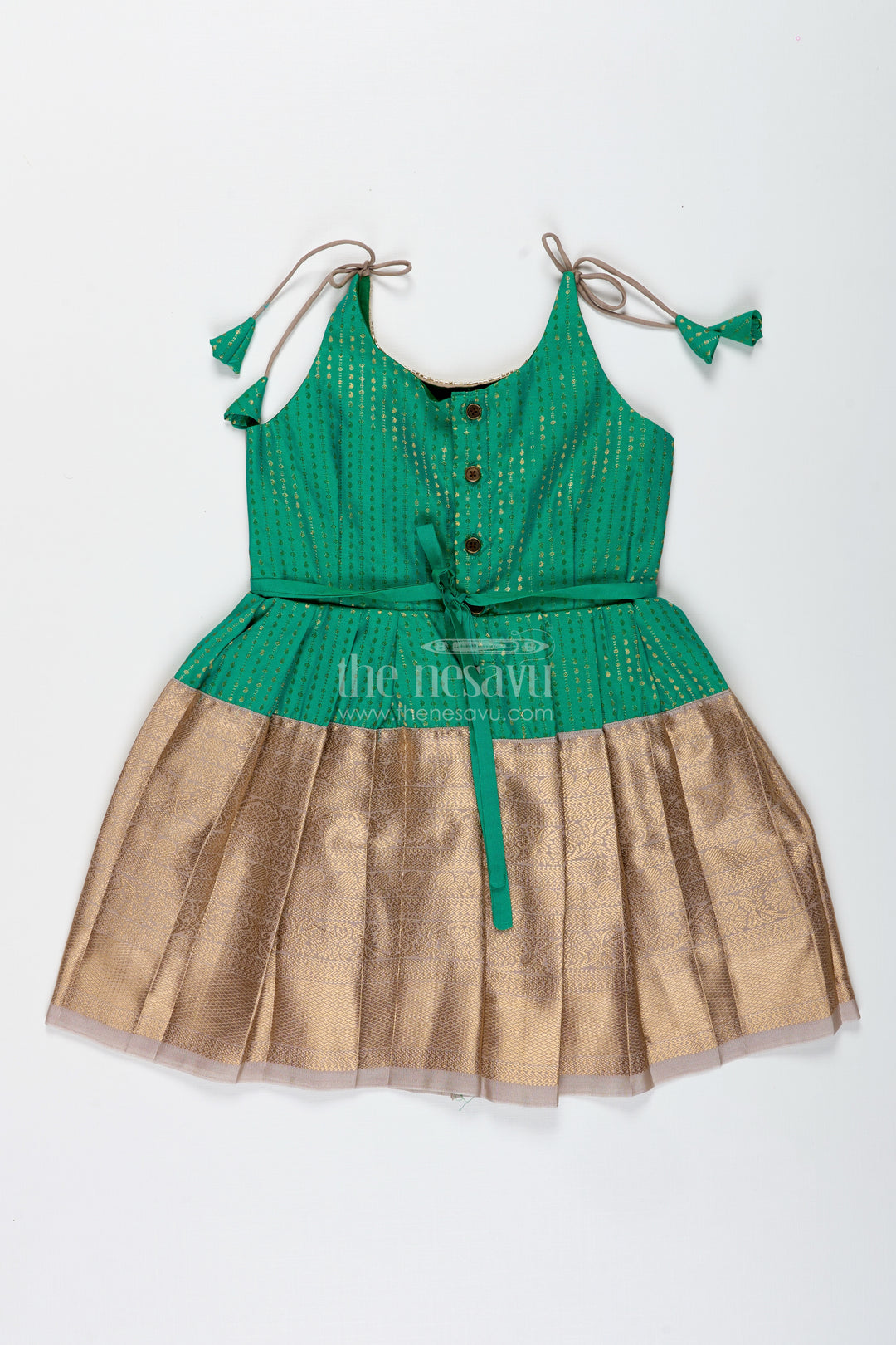 Gold And Green Frock For Baby Girls Semi Silk Ethnic Dress With Brocade Detailing