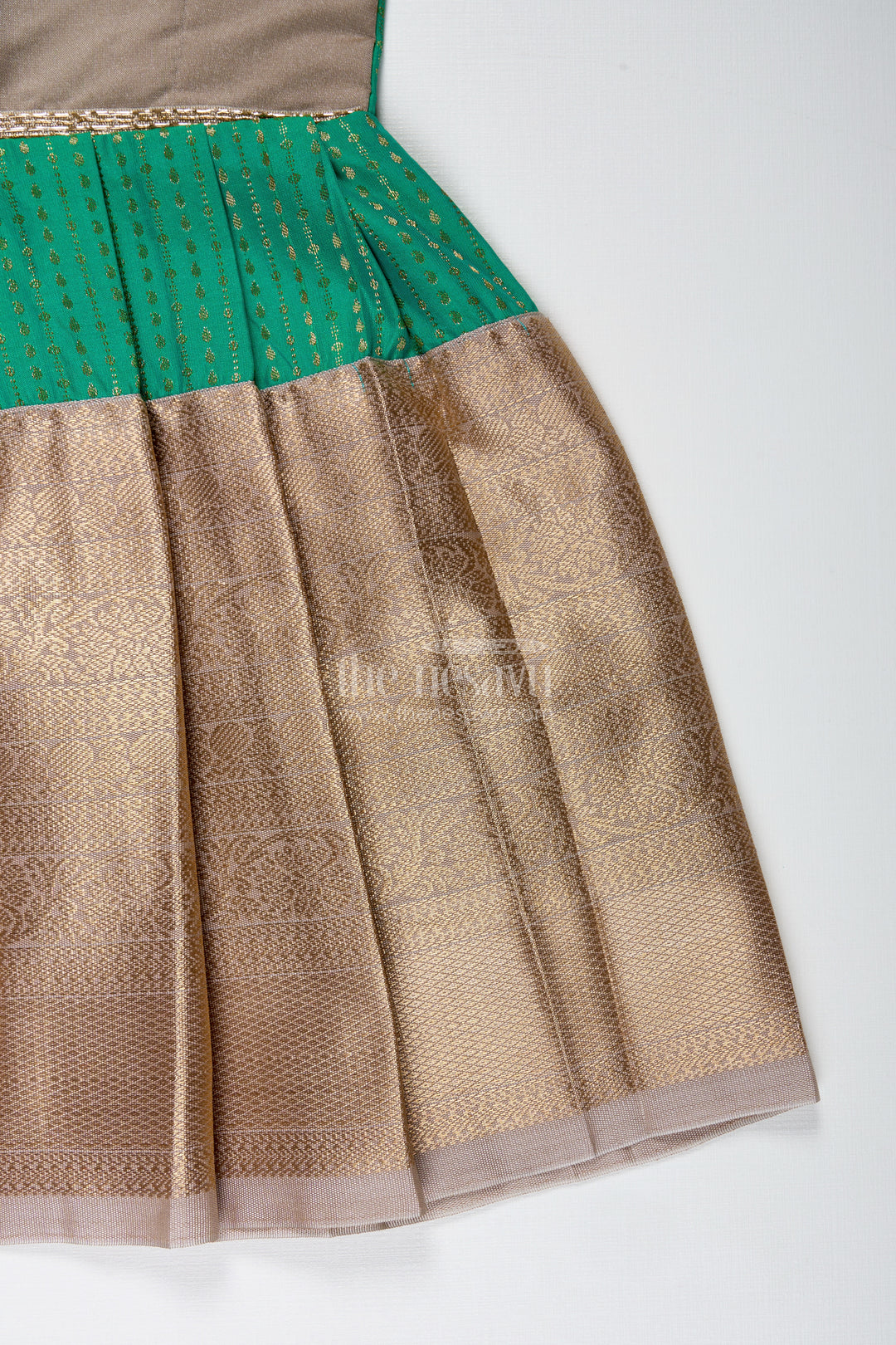 Gold And Green Frock For Baby Girls Semi Silk Ethnic Dress With Brocade Detailing