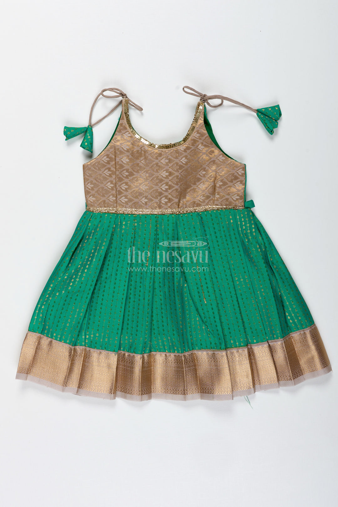 Gold And Green Frock For Baby Girls Semi Silk Ethnic Dress With Brocade Detailing