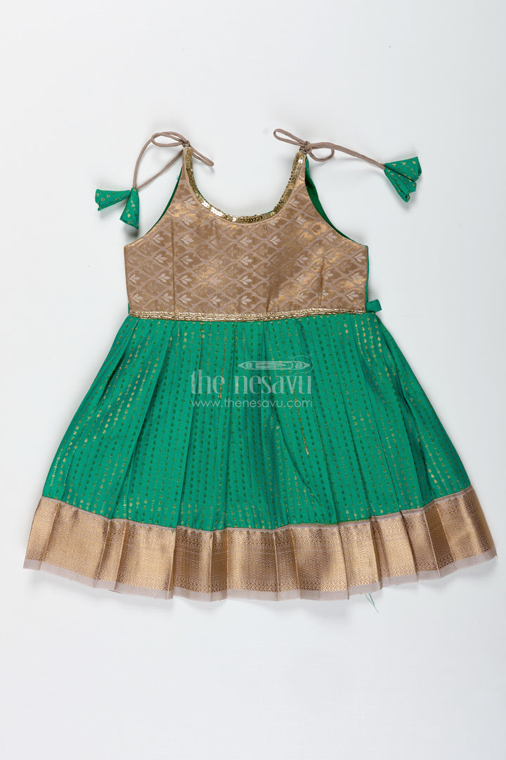 Gold And Green Frock For Baby Girls Semi Silk Ethnic Dress With Brocade Detailing