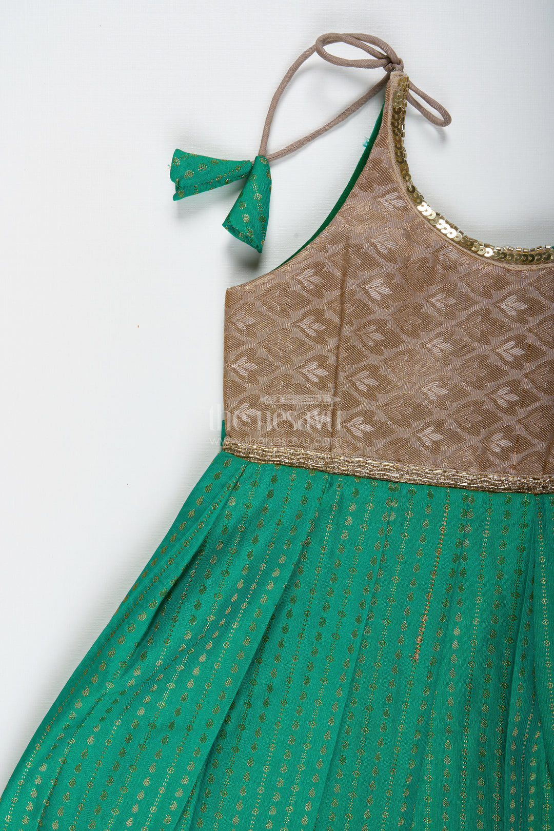 Gold And Green Frock For Baby Girls Semi Silk Ethnic Dress With Brocade Detailing