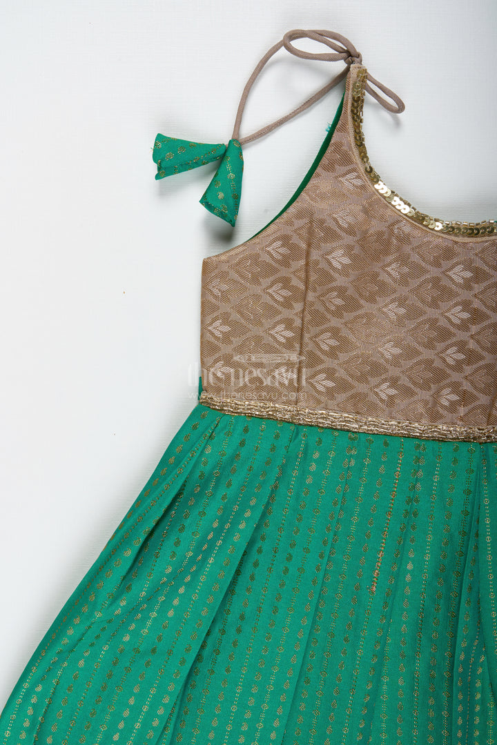Gold And Green Frock For Baby Girls Semi Silk Ethnic Dress With Brocade Detailing