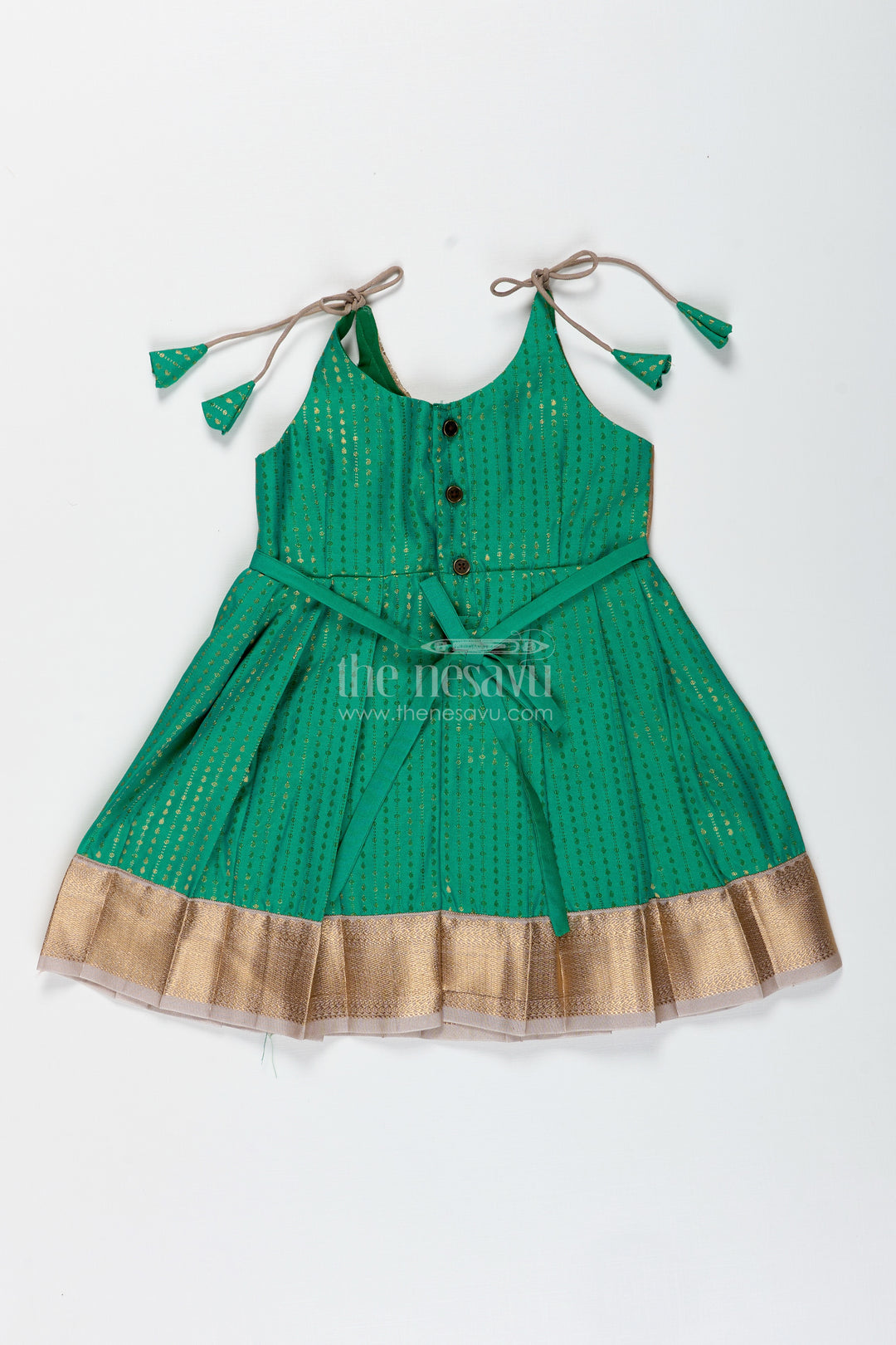 Gold And Green Frock For Baby Girls Semi Silk Ethnic Dress With Brocade Detailing