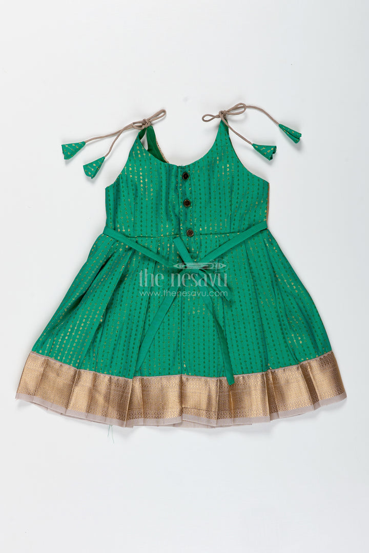 Gold And Green Frock For Baby Girls Semi Silk Ethnic Dress With Brocade Detailing