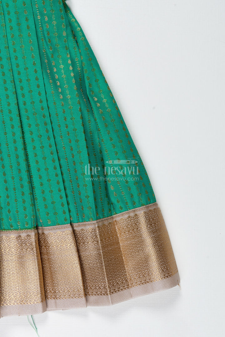 Gold And Green Frock For Baby Girls Semi Silk Ethnic Dress With Brocade Detailing