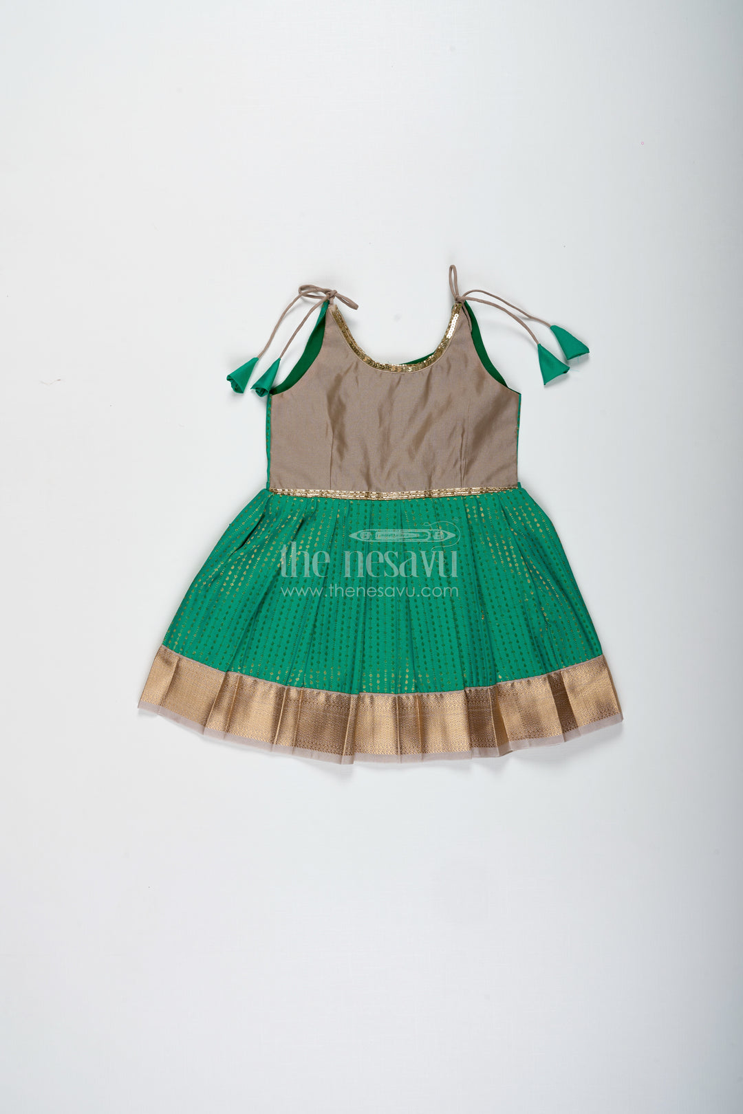 Gold And Green Frock For Baby Girls Semi Silk Ethnic Dress With Brocade Detailing