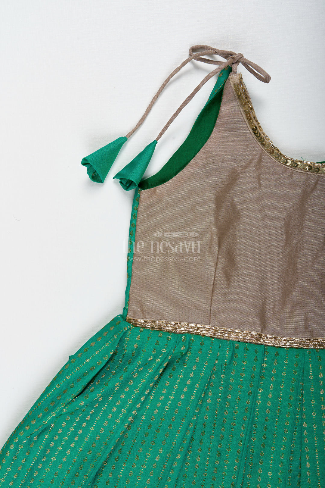 Gold And Green Frock For Baby Girls Semi Silk Ethnic Dress With Brocade Detailing