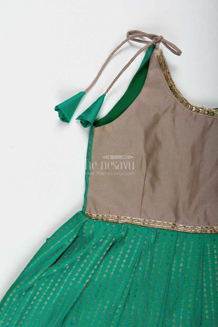 Gold And Green Frock For Baby Girls Semi Silk Ethnic Dress With Brocade Detailing