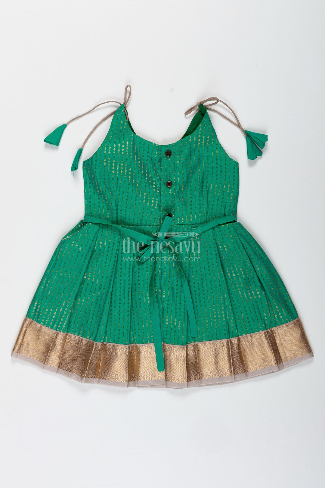 Gold And Green Frock For Baby Girls Semi Silk Ethnic Dress With Brocade Detailing