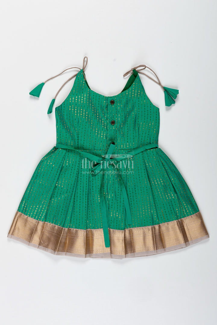 Gold And Green Frock For Baby Girls Semi Silk Ethnic Dress With Brocade Detailing