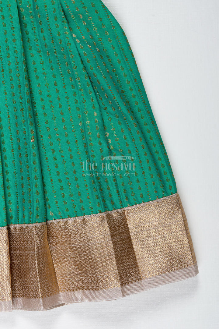 Gold And Green Frock For Baby Girls Semi Silk Ethnic Dress With Brocade Detailing