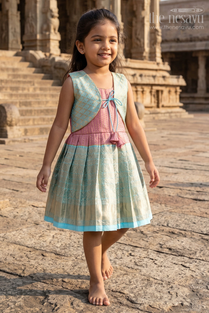 Girls Semi Kanchivaram Silk Frock in Maroon with Jacket