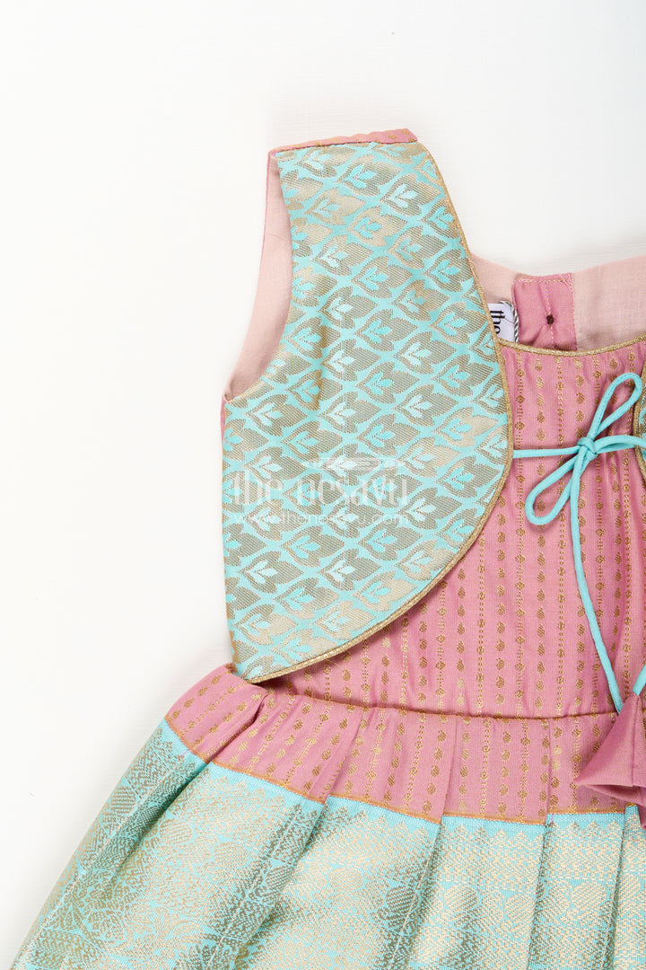 Girls semi Kanchivaram silk frock in maroon with jacket