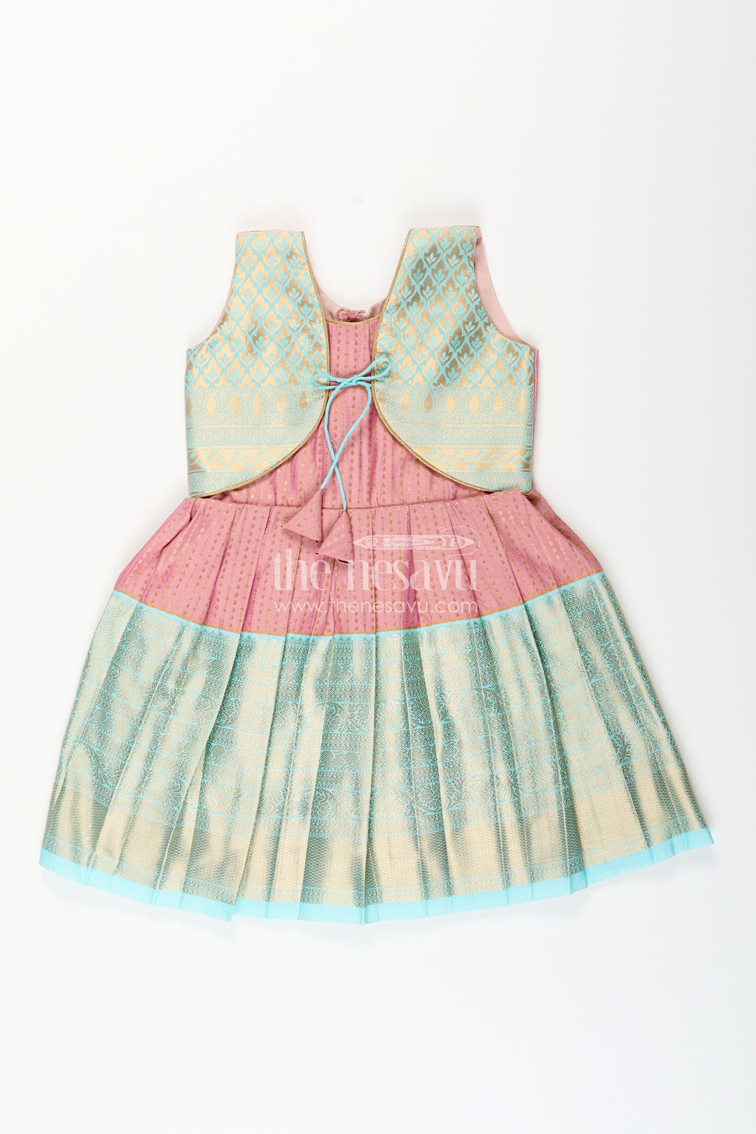 Girls semi Kanchivaram silk frock in maroon with jacket