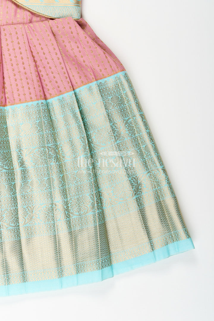 Girls semi Kanchivaram silk frock in maroon with jacket
