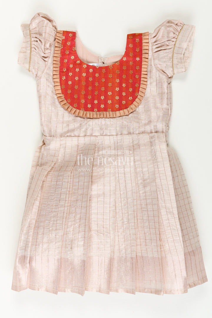 Girls Pattu Designs in Beige Silk with Red Semi Banaras Yoke and Pleated Finish