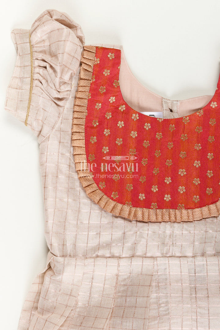 Girls Pattu Designs in Beige Silk with Red Semi Banaras Yoke and Pleated Finish