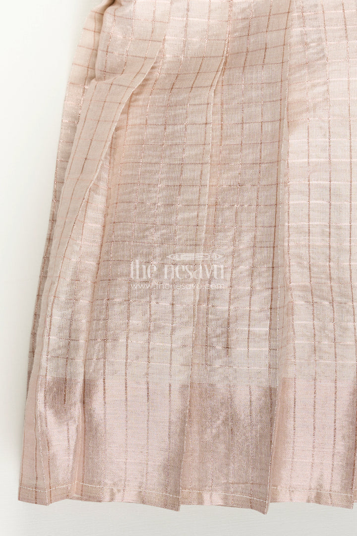 Girls Pattu Designs in Beige Silk with Red Semi Banaras Yoke and Pleated Finish