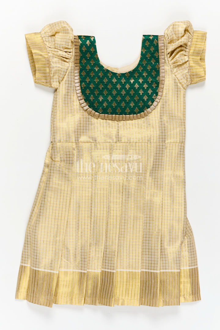 Girls Pattu Long Frock in Yellow Silk with Green Semi Banaras Yoke and Traditional Pleats