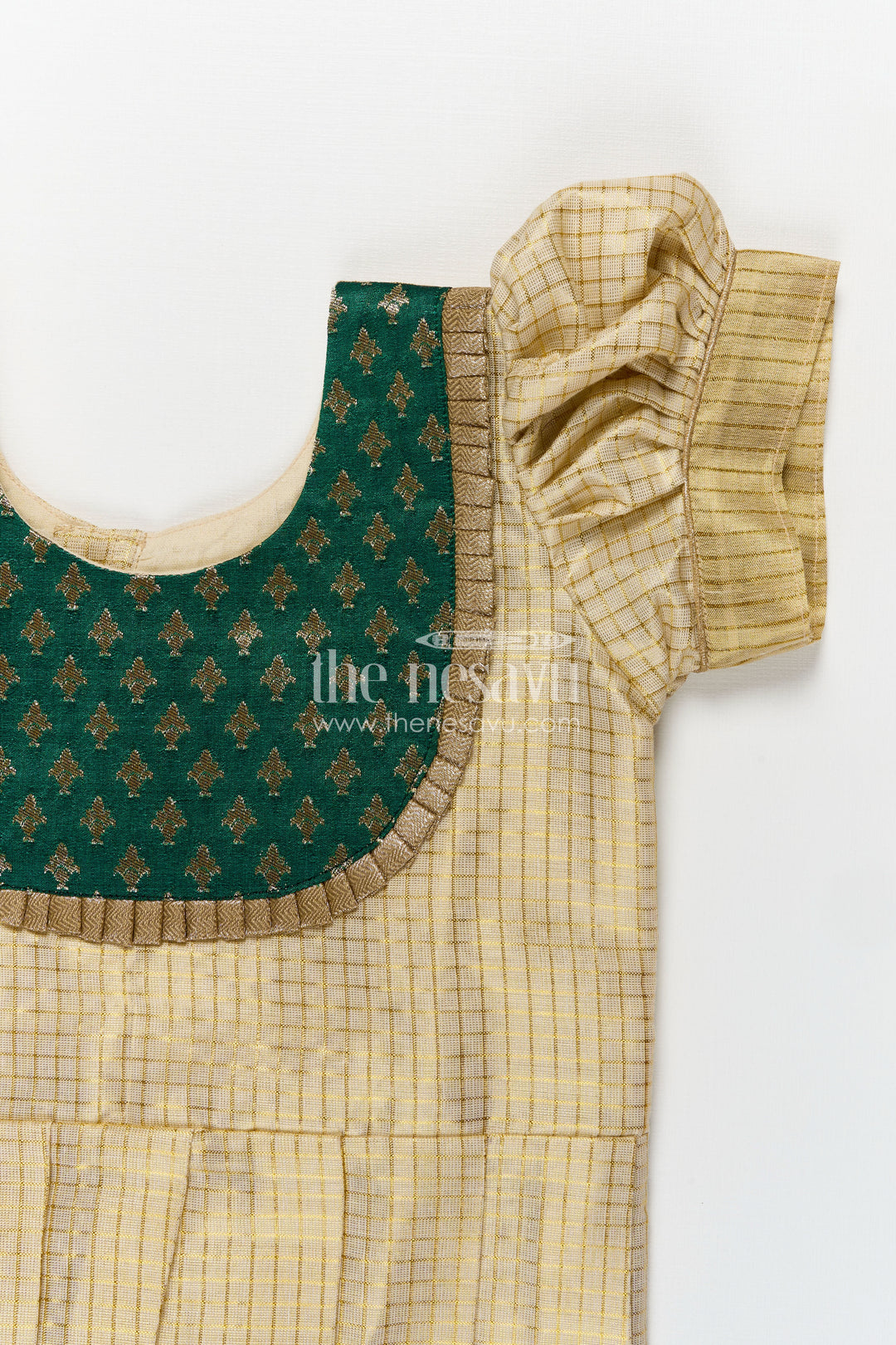 Girls Pattu Long Frock in Yellow Silk with Green Semi Banaras Yoke and Traditional Pleats