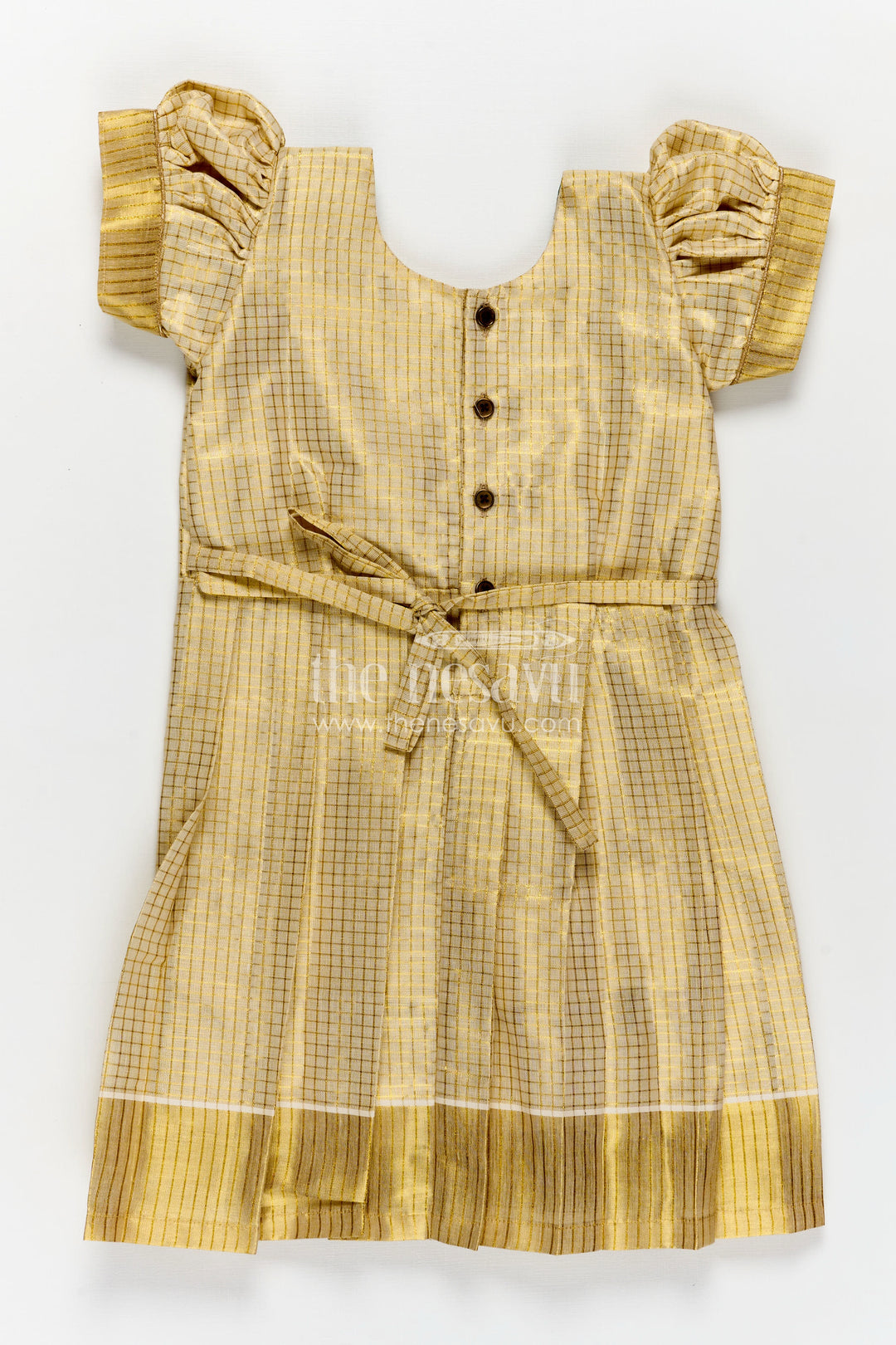 Girls Pattu Long Frock in Yellow Silk with Green Semi Banaras Yoke and Traditional Pleats