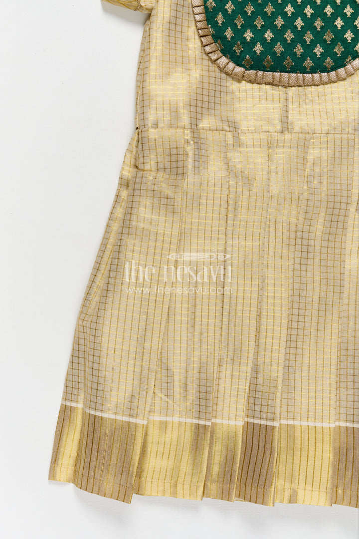 Girls Pattu Long Frock in Yellow Silk with Green Semi Banaras Yoke and Traditional Pleats