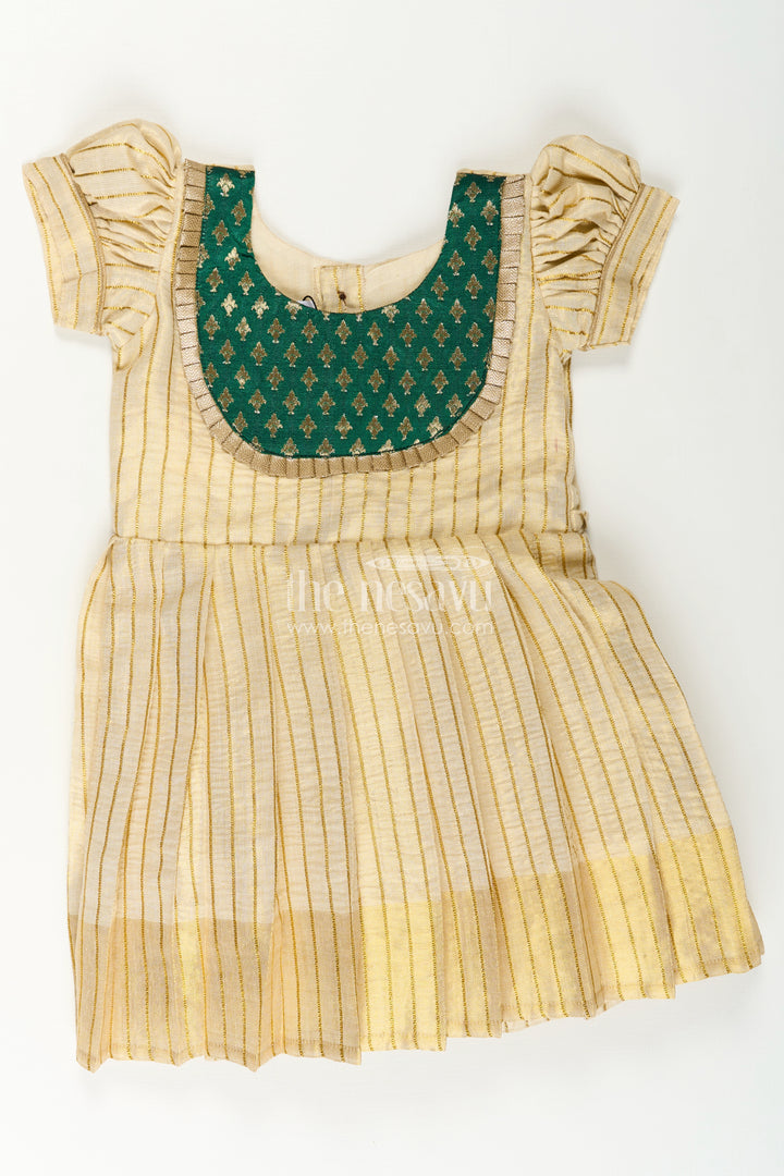 Girls Long Frock Model in Beige Gold Tissue with Green Banaras Yoke and Puff Sleeves