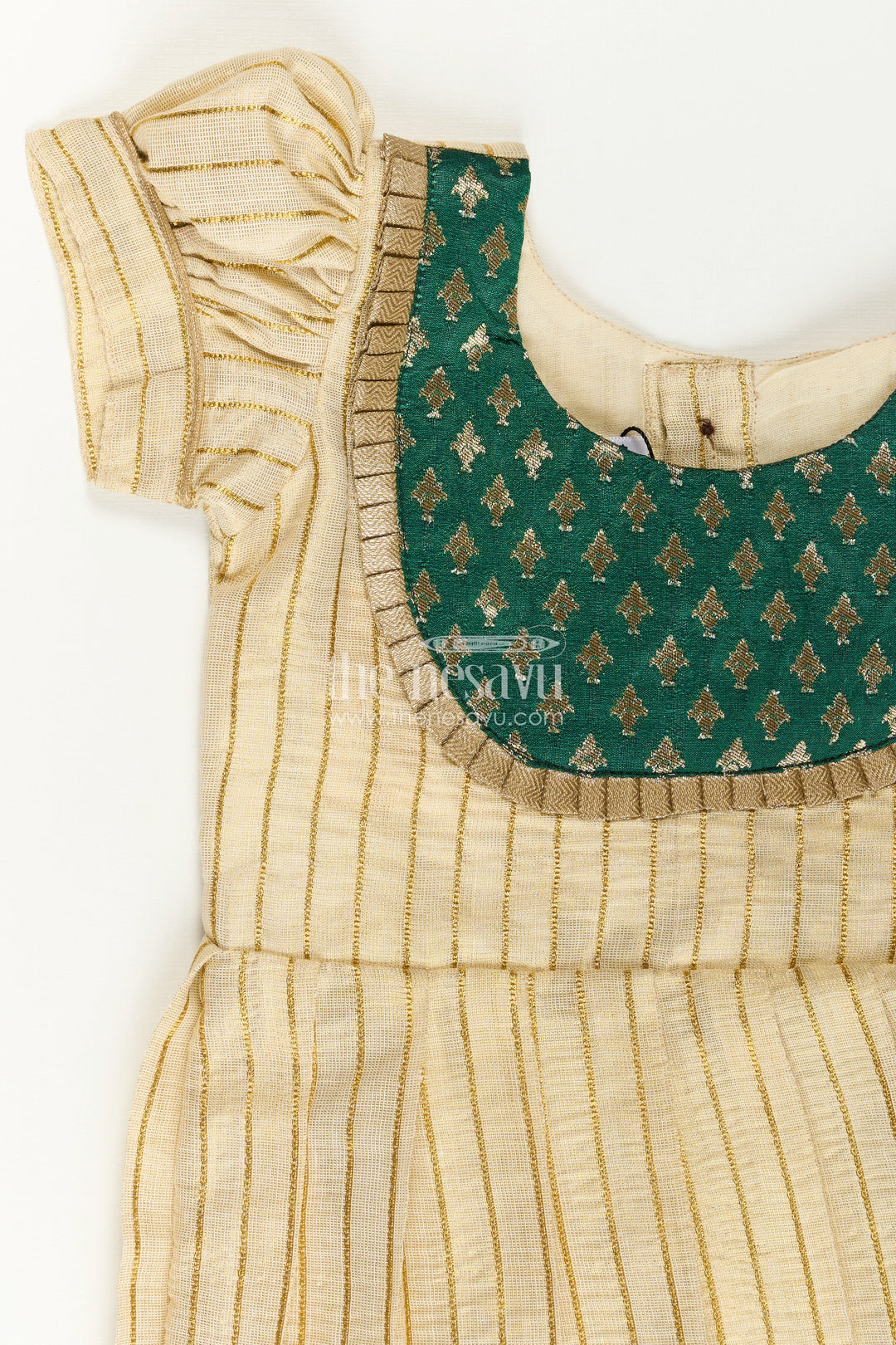 Girls Long Frock Model in Beige Gold Tissue with Green Banaras Yoke and Puff Sleeves