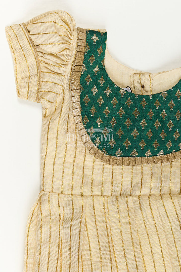 Girls Long Frock Model in Beige Gold Tissue with Green Banaras Yoke and Puff Sleeves