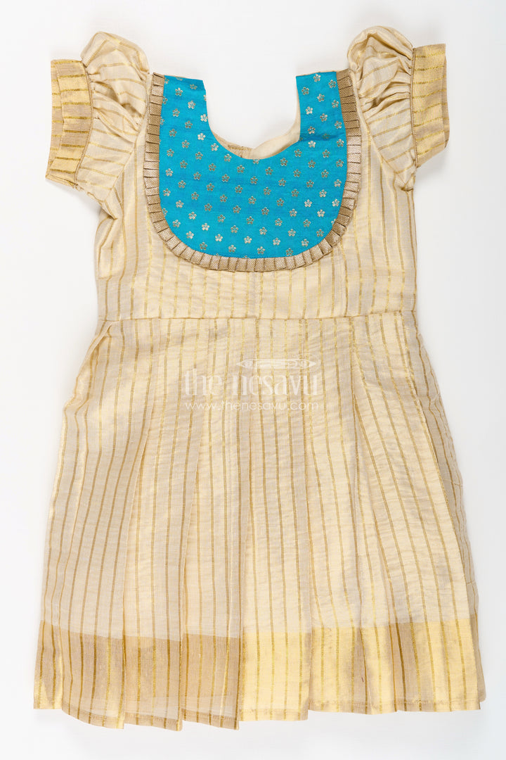 Girls Silk Frocks in Beige Tissue with Blue Semi Banaras Yoke and Traditional Pleated Design