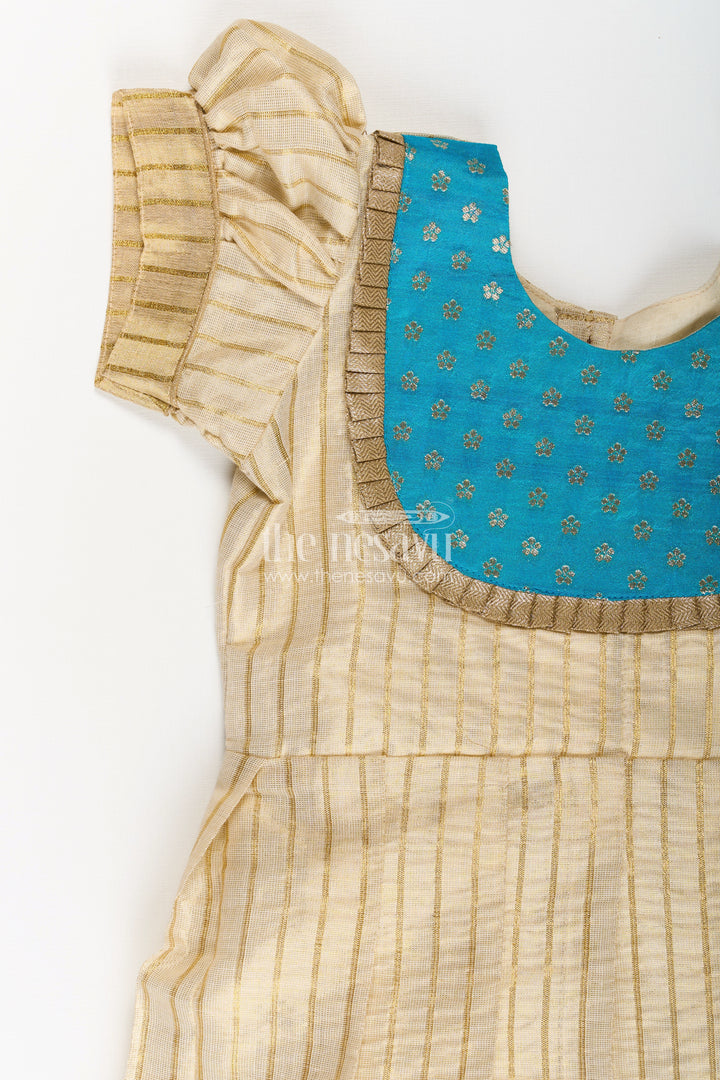 Girls Silk Frocks in Beige Tissue with Blue Semi Banaras Yoke and Traditional Pleated Design