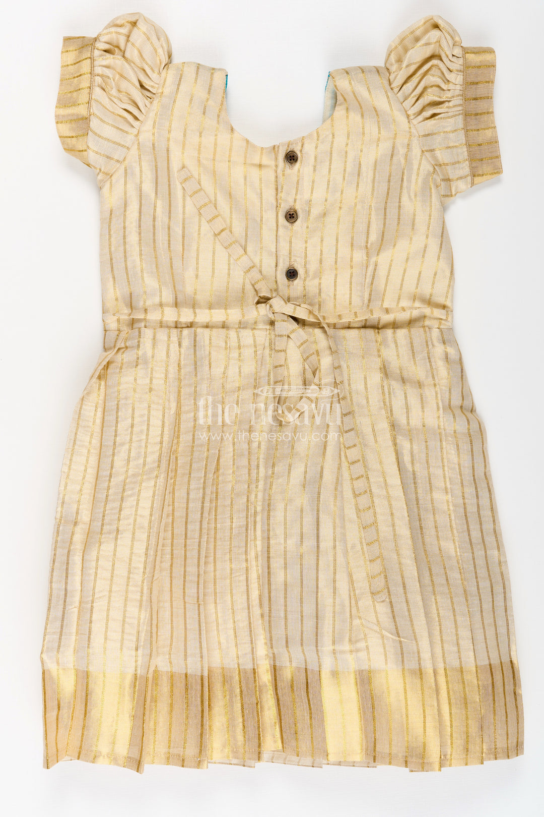 Girls Silk Frocks in Beige Tissue with Blue Semi Banaras Yoke and Traditional Pleated Design