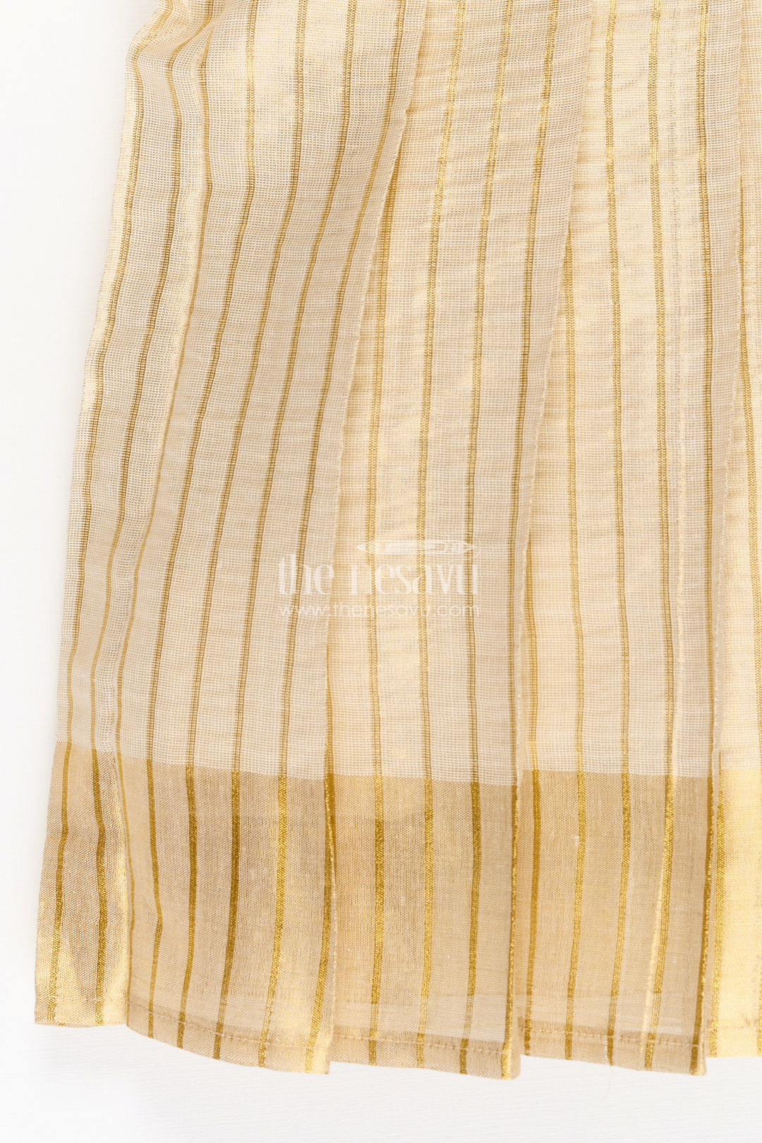 Girls Silk Frocks in Beige Tissue with Blue Semi Banaras Yoke and Traditional Pleated Design