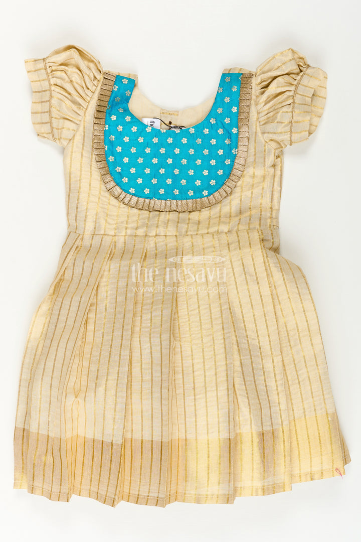 Girls Ethnic Long Frocks in Beige Silk with Blue Banaras Yoke and Structured Pleats