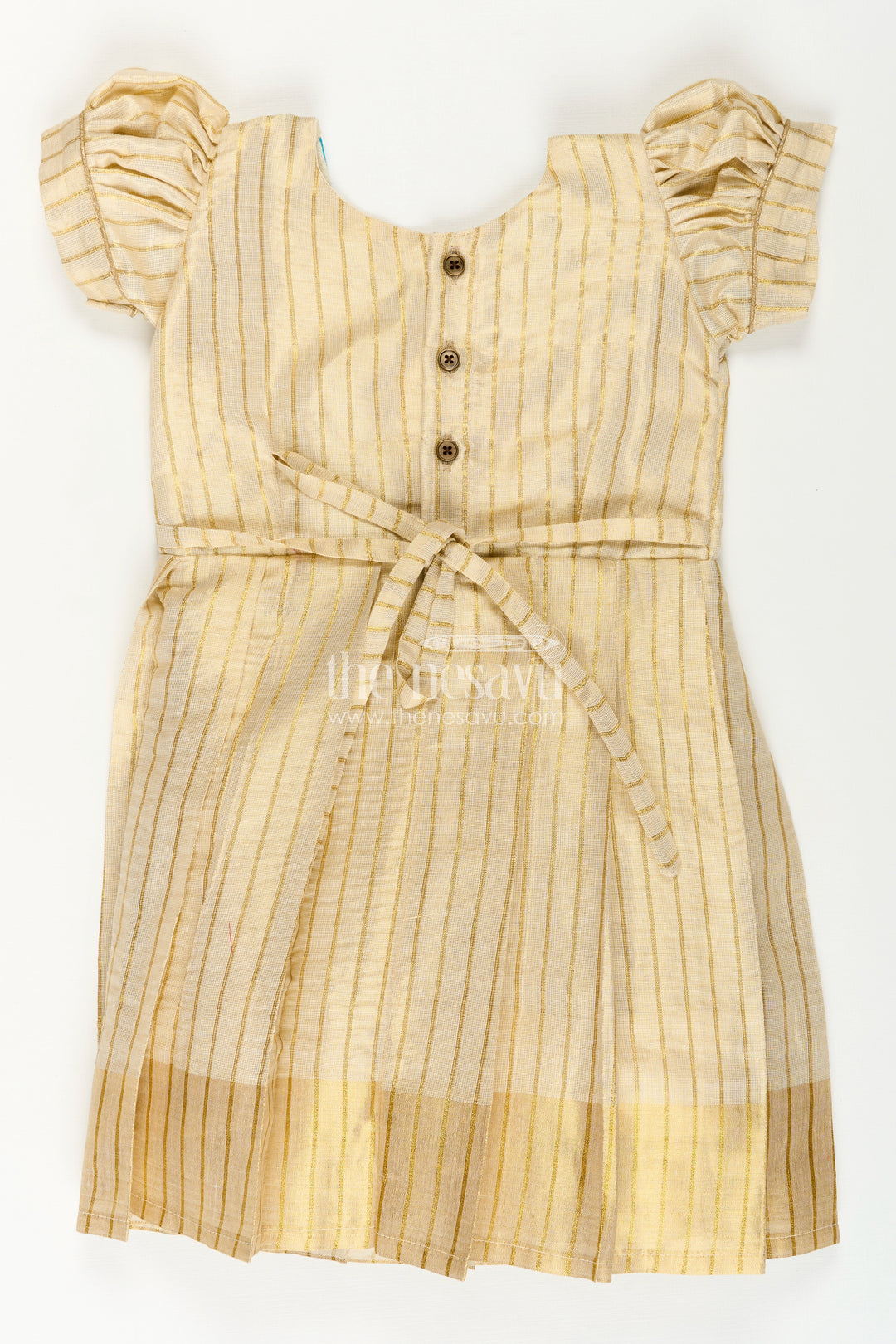 Girls Ethnic Long Frocks in Beige Silk with Blue Banaras Yoke and Structured Pleats