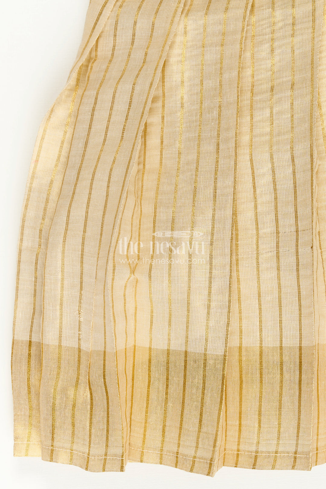 Girls Ethnic Long Frocks in Beige Silk with Blue Banaras Yoke and Structured Pleats