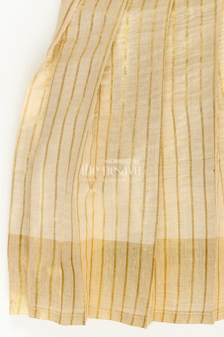 Girls Ethnic Long Frocks in Beige Silk with Blue Banaras Yoke and Structured Pleats