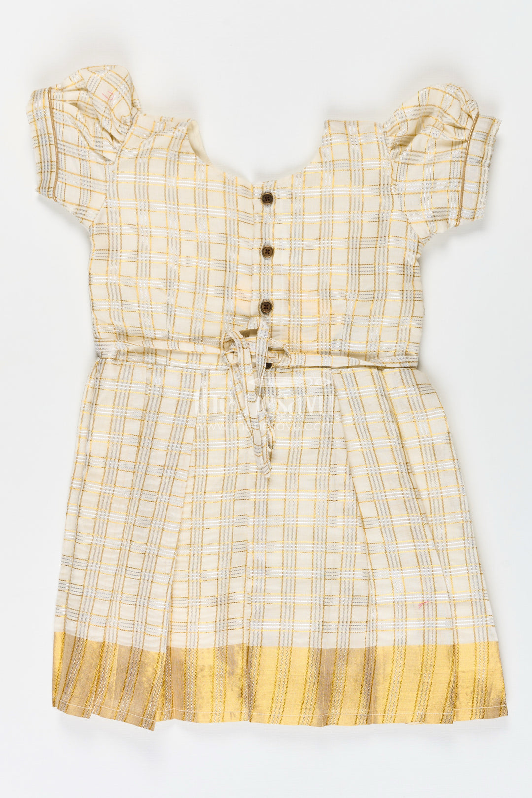 Girls Pattu Frock in Beige Tissue with Gold Bow and Checked Design for Festive Elegance